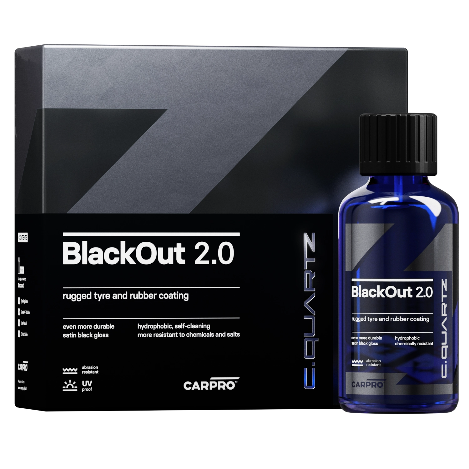 CarPro CQuartz BlackOut 2.0 tyre and rubber coating 50ml bottle with SiO₂ ceramic formula
