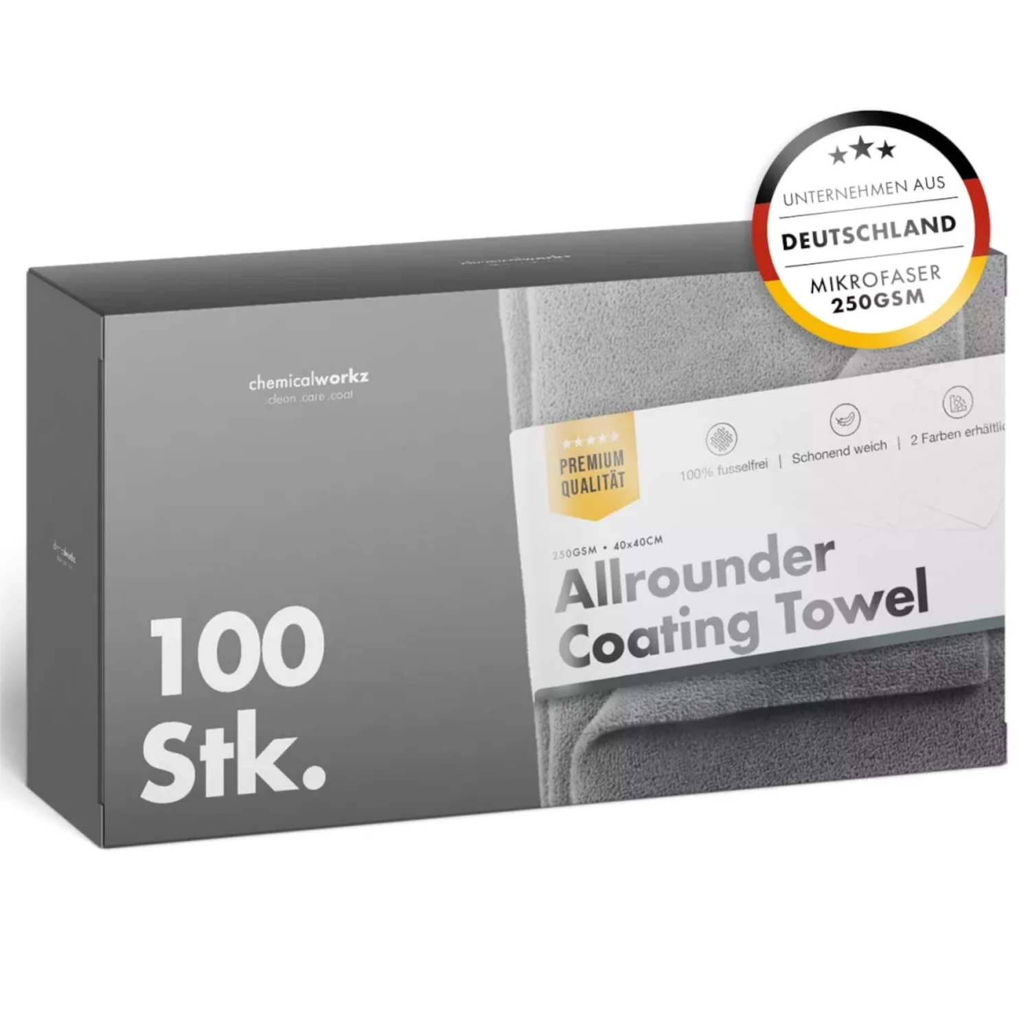 Grey microfibre Coating Towel 250gsm 40x40cm from ChemicalWorkz New, pack of 100 towels