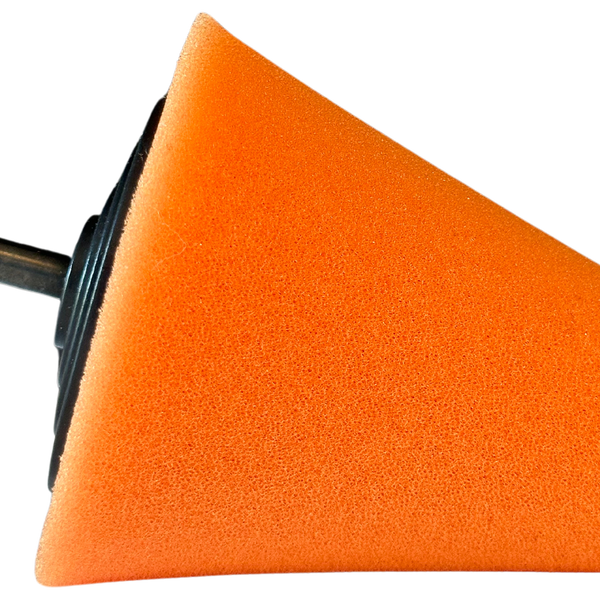 Royal Pads polishing cone medium hardness 80mm diameter with shaft mount for detail polishing of wheels and exhaust tips