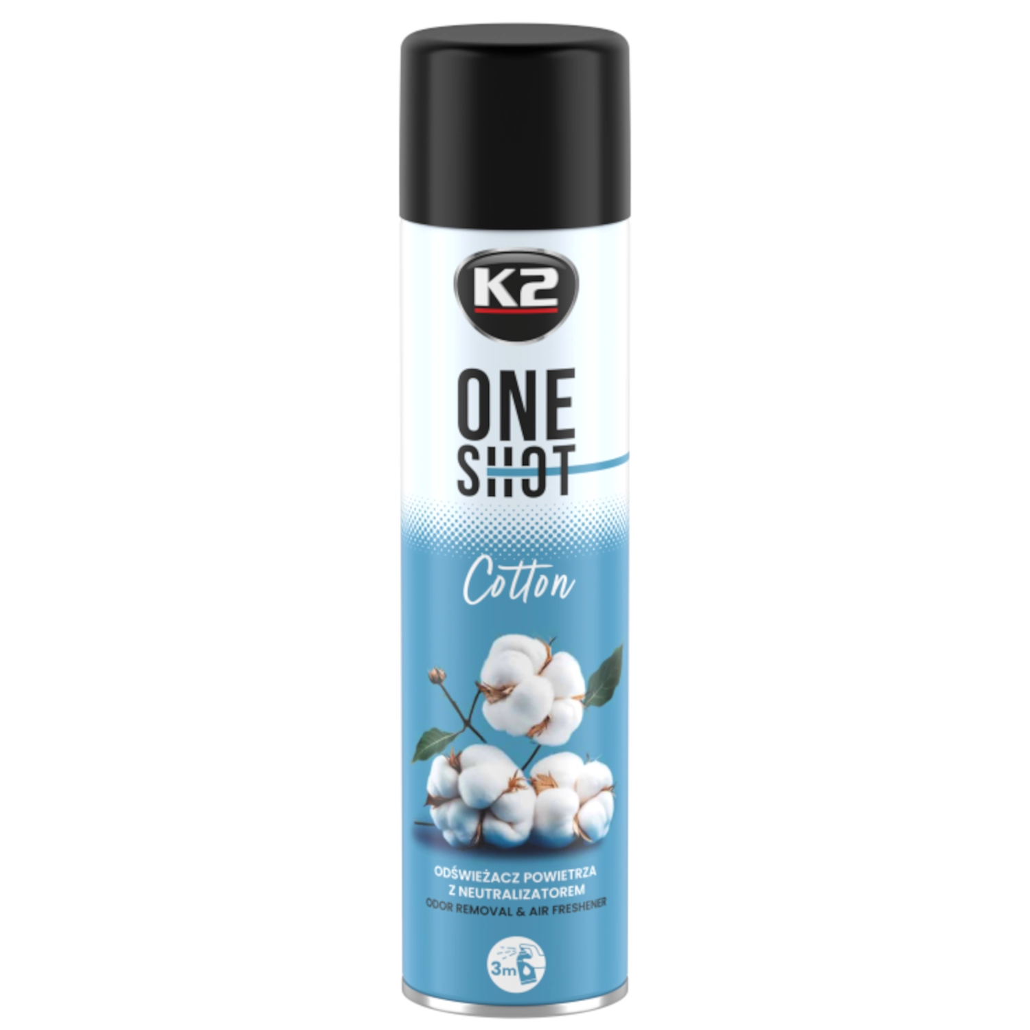 Air freshener K2 One Shot 600ml with cotton scent, dry mist spray bottle for cars and premises