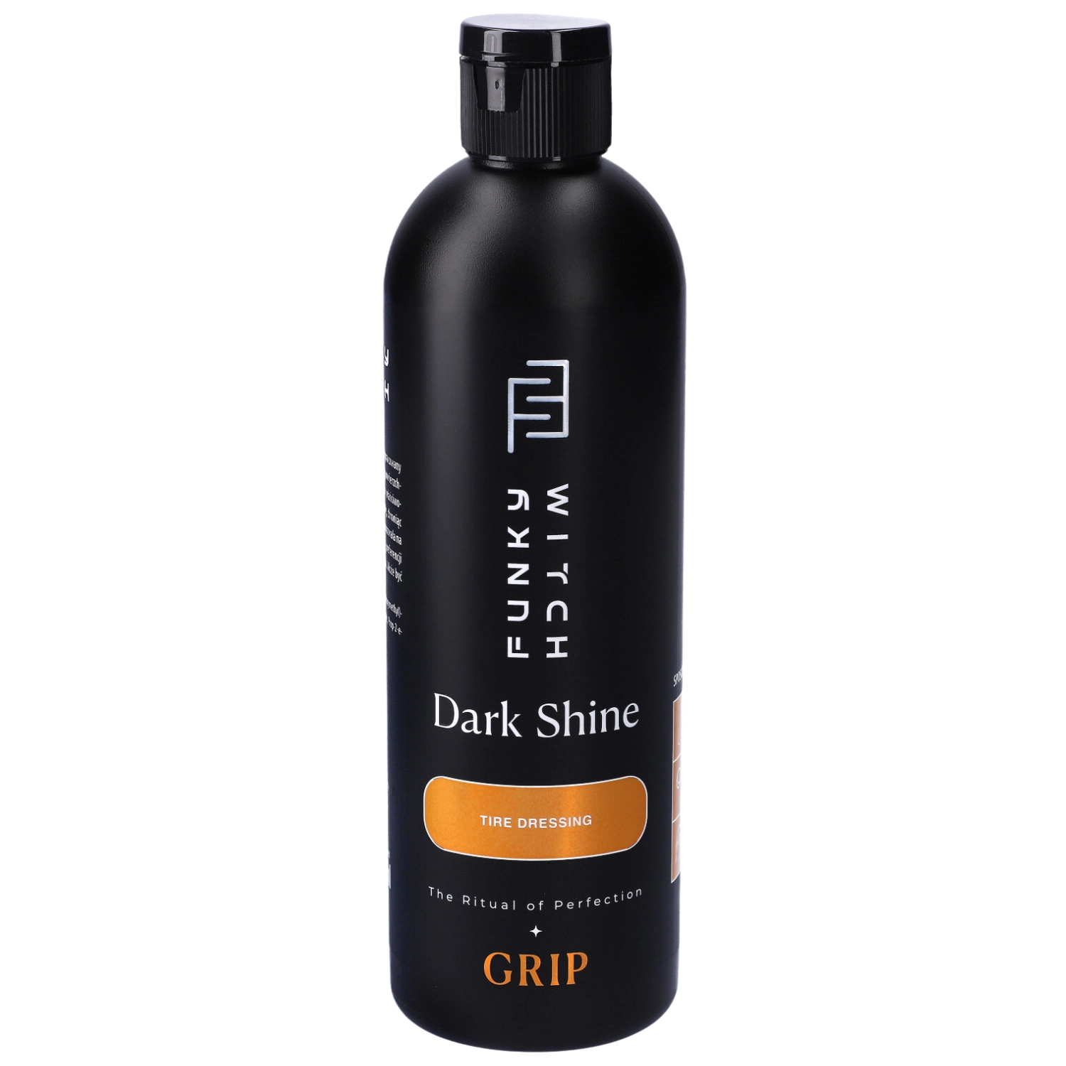 Bottle of Funky Witch Tyre Shine 500ml with satin finish for wet and dry tyres