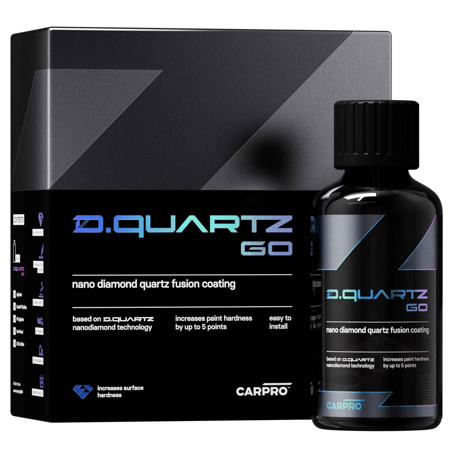 CarPro DQuartz GO 30ml nanodiamond coating bottle offering scratch-resistant, hydrophobic paint protection for cars