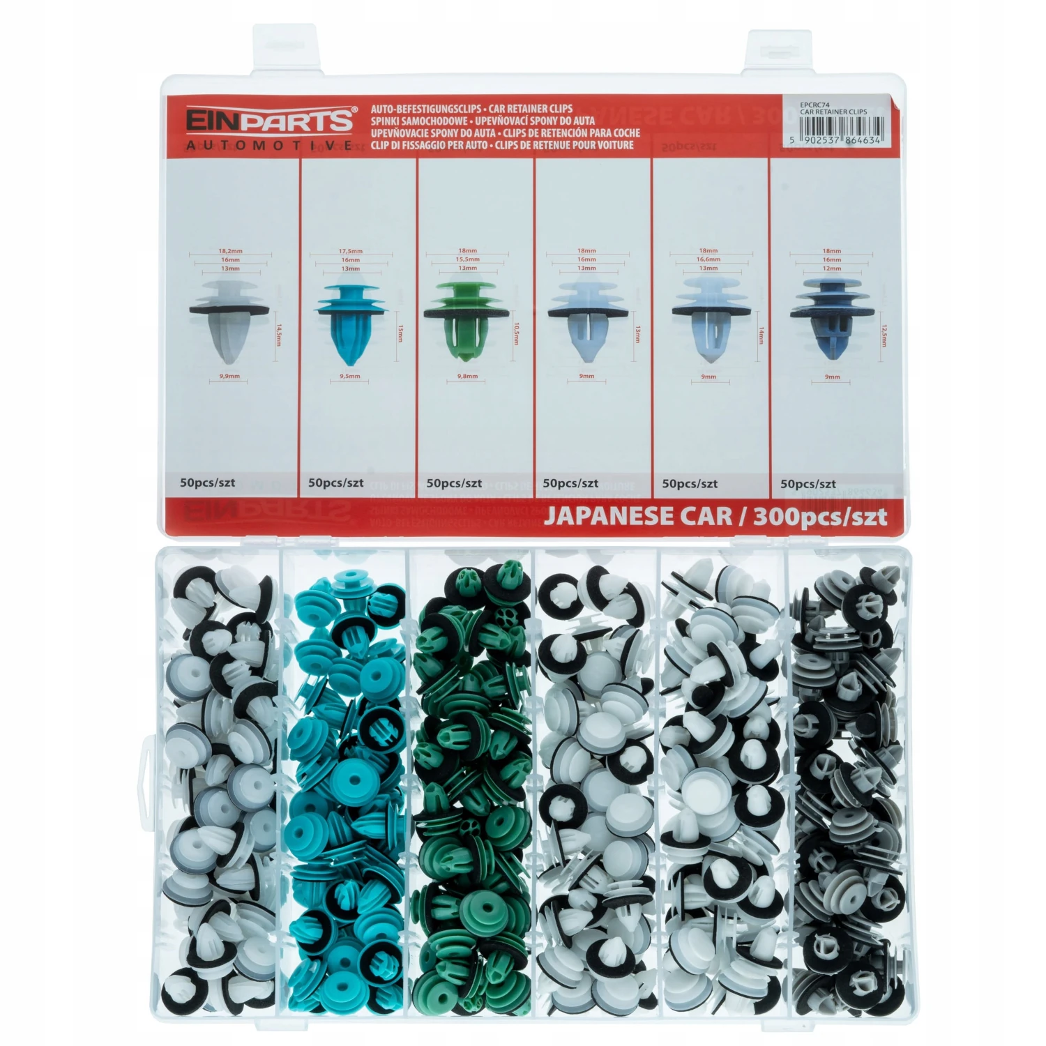 Trim Clips Set of 300 pieces in 6 types, multicoloured, for Japanese cars with storage box, MrCleaner