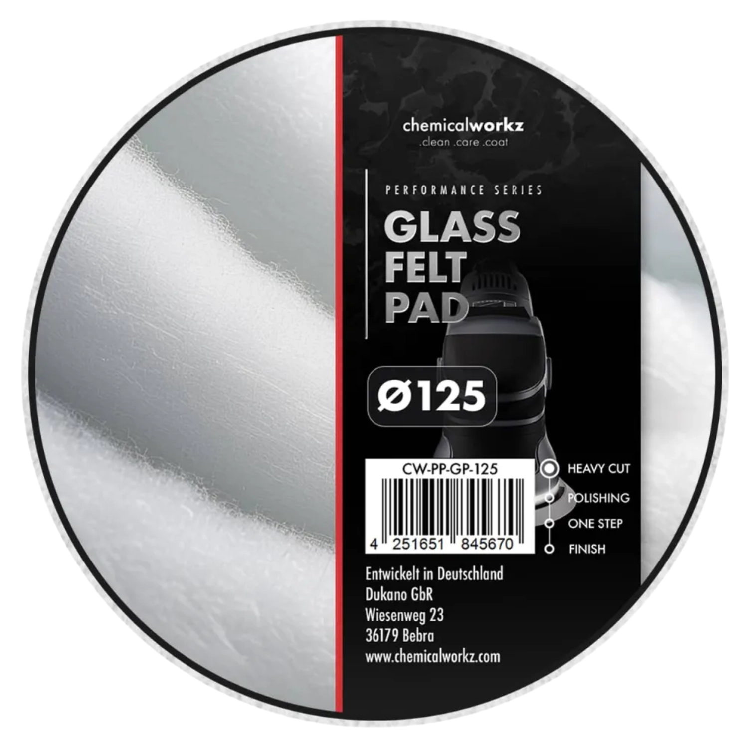 White and red Glass Felt Pad 125mm from ChemicalWorkz for DA and Rotary Polisher, high abrasivity