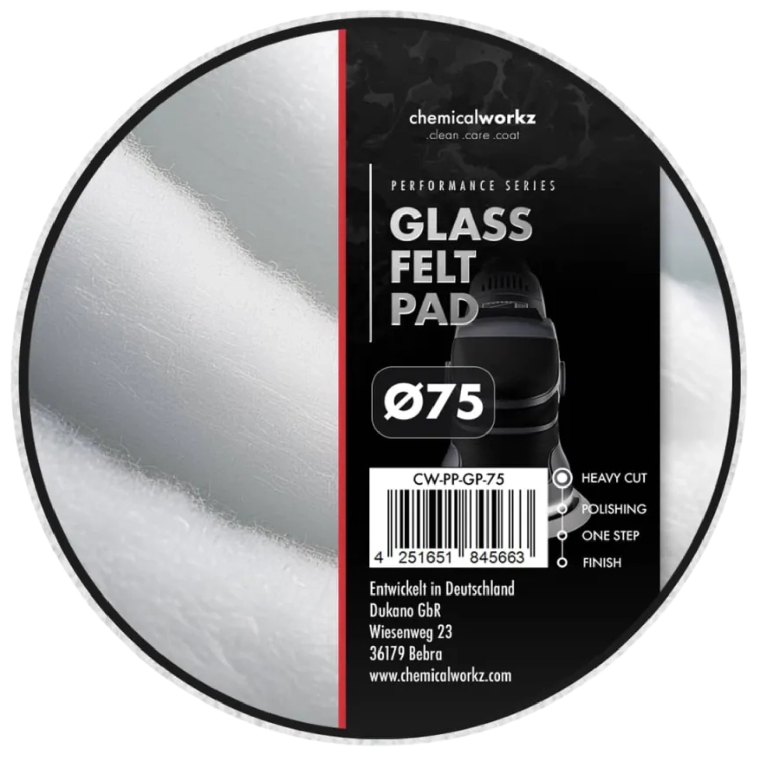 ChemicalWorkz Glass Polishing Pad 75 mm with high abrasiveness for automotive glass and window polishing