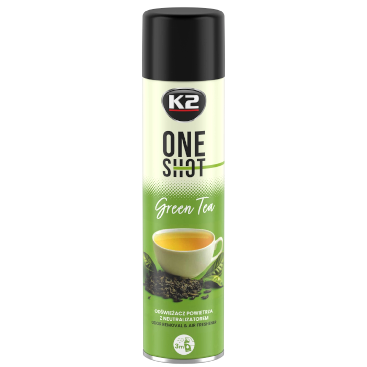 Air freshener spray bottle K2 One Shot Green Tea 600ml with dry mist formula and 3 metre range