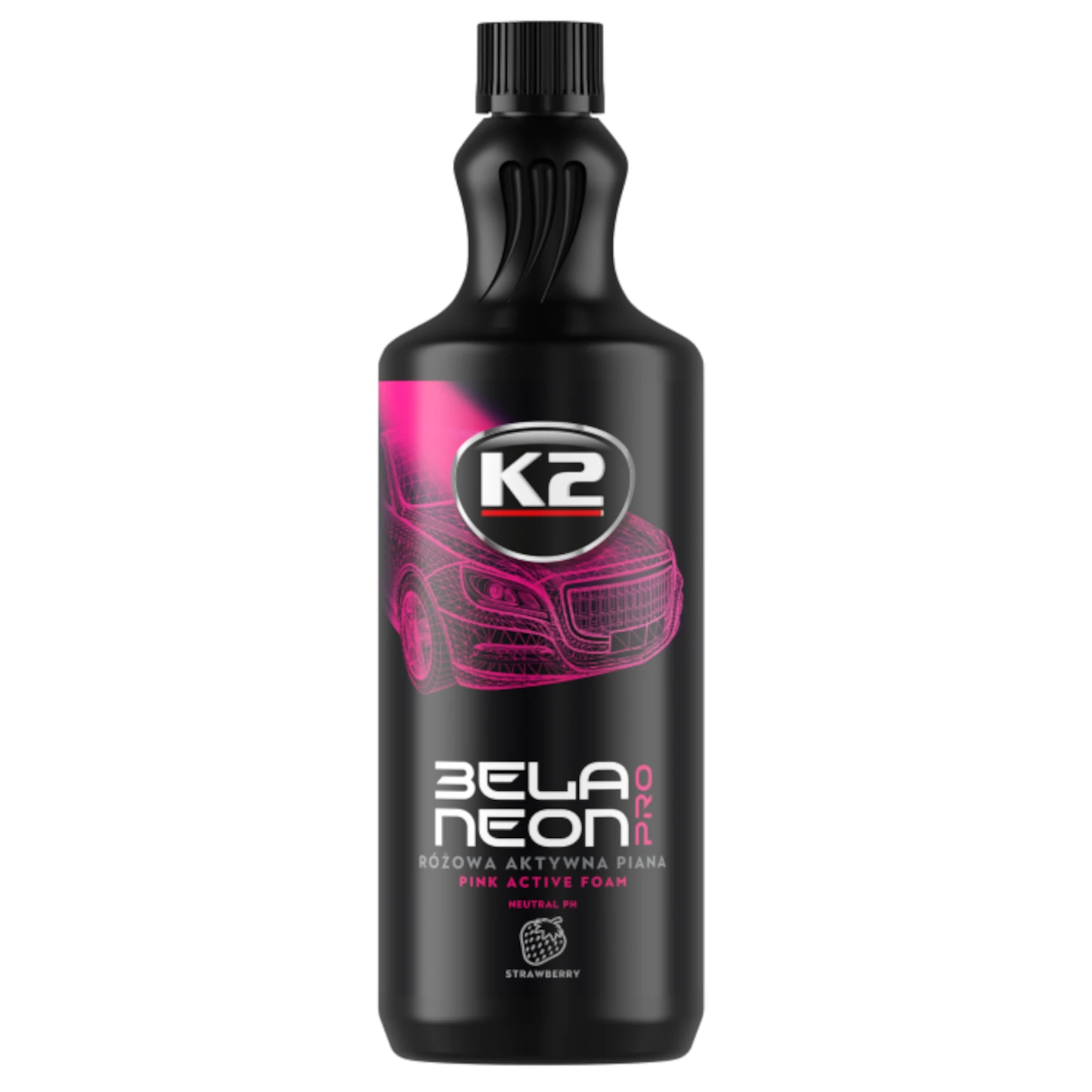 Pink K2 Car Wash Foam 1L with strawberry scent, highly concentrated active foam for hand washing and foam cannon use