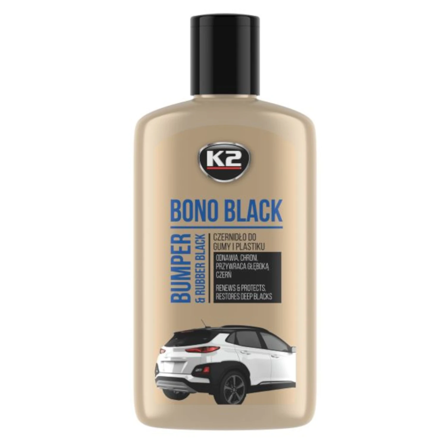 Black K2 Plastic Trim Restorer 250ml bottle for plastic trim, tyres and seals