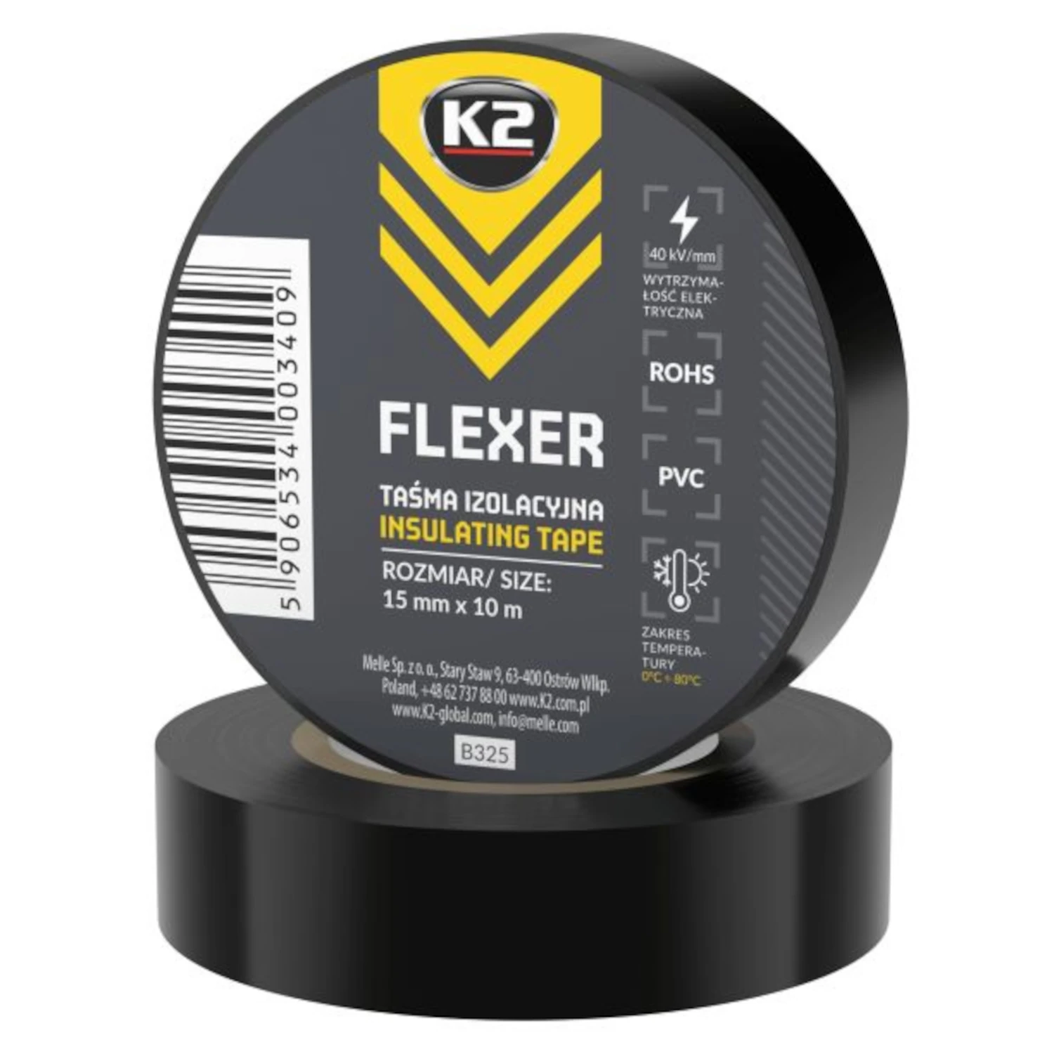 K2 PVC Elektrisk Isoleringstejp 15mm x 10m flexibel rulle för kabelinstallation