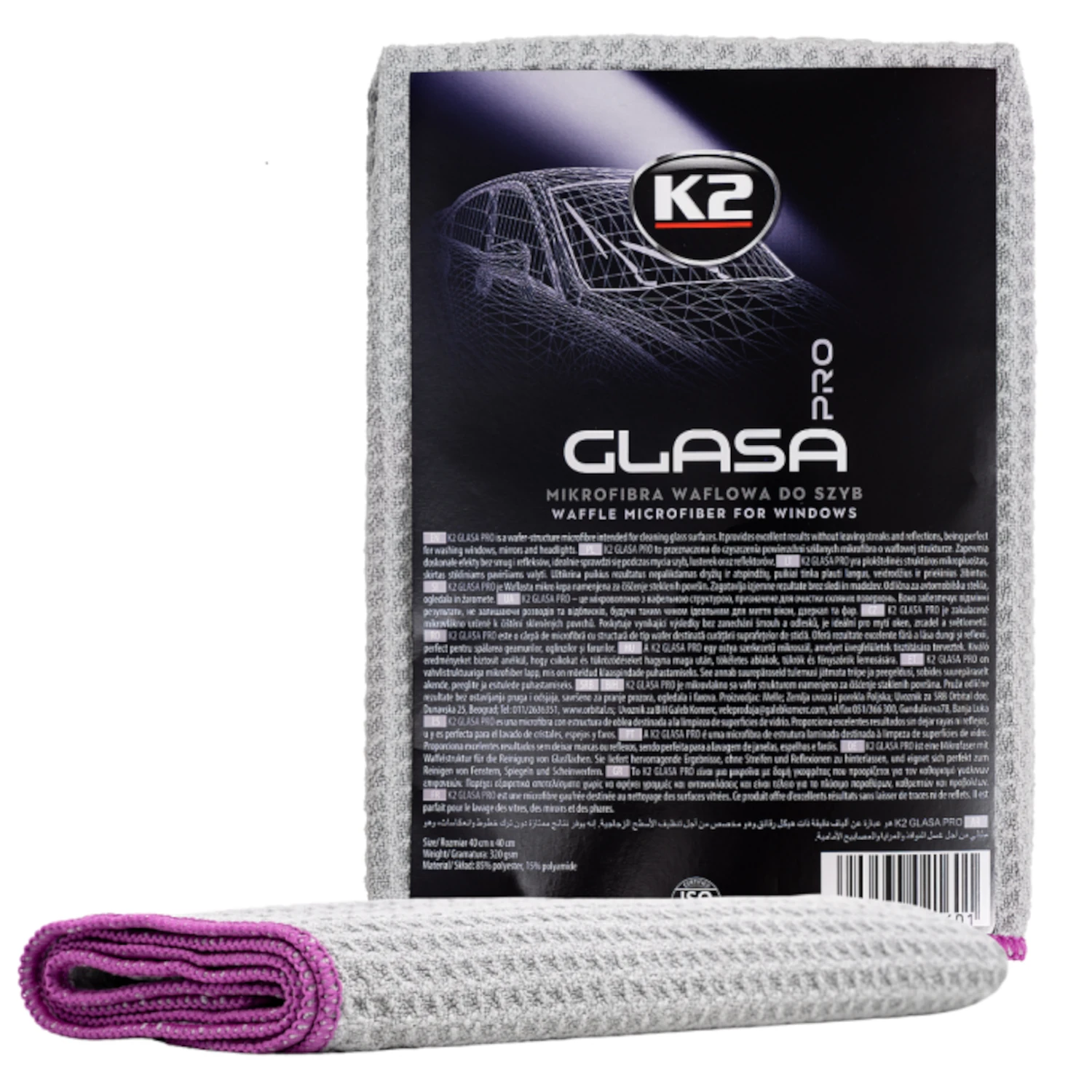 Mikrofiberduk 40x40 cm med våffelstruktur för streckfri glasrengöring, K2 Glasa Pro