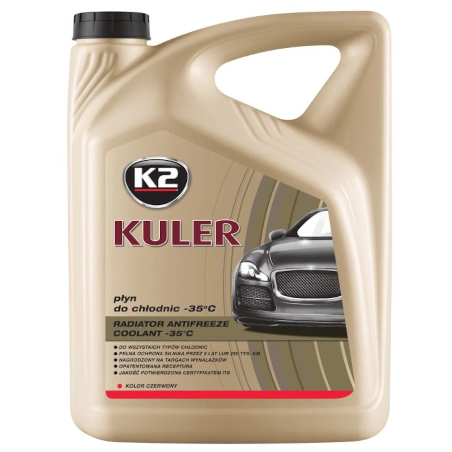 Red K2 Coolant 5L bottle with -35°C frost protection and 7-year service interval