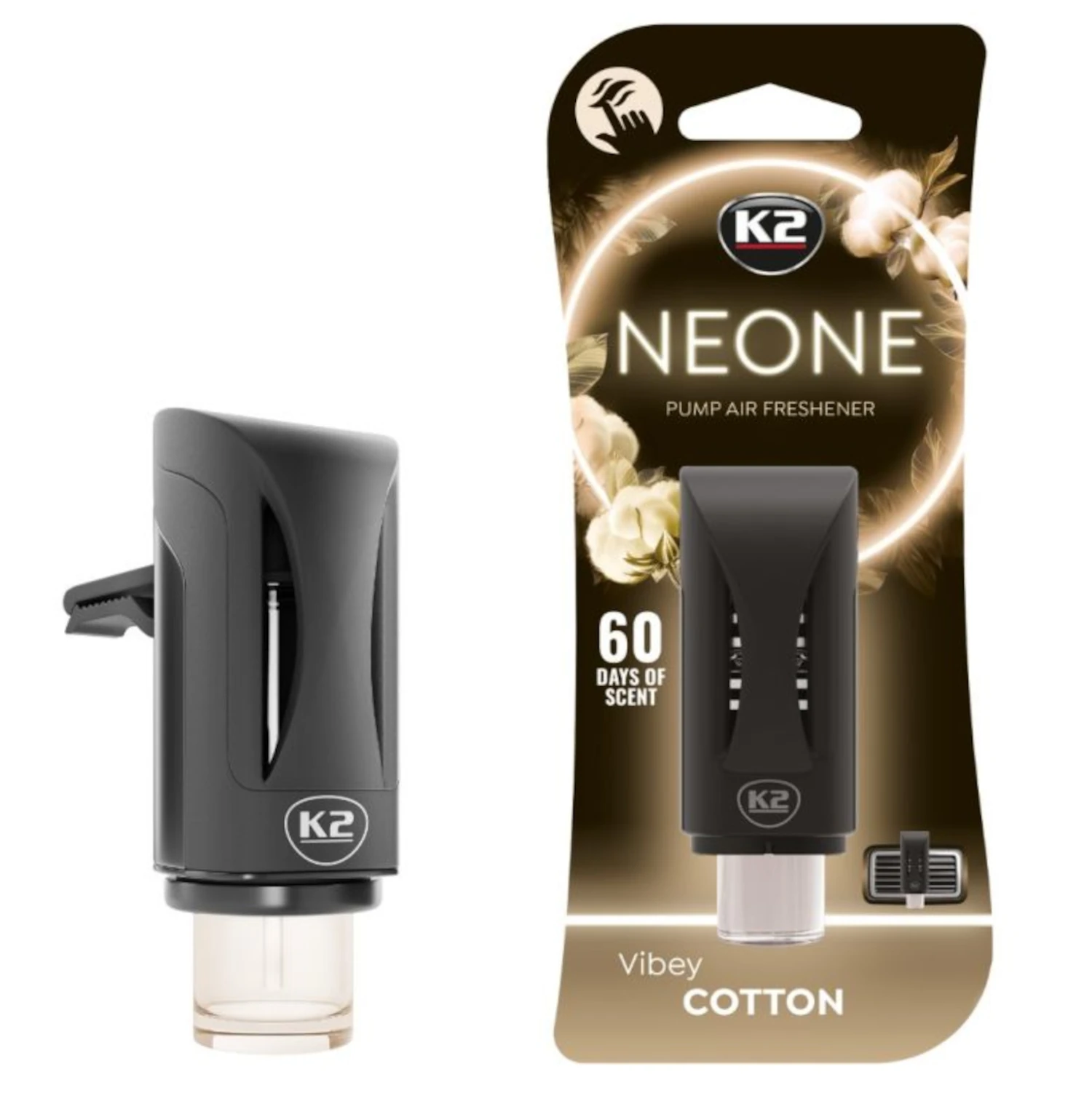 Car air freshener K2 Vibey Cotton with adjustable scent intensity, lasts up to 60 days, fits cup holder