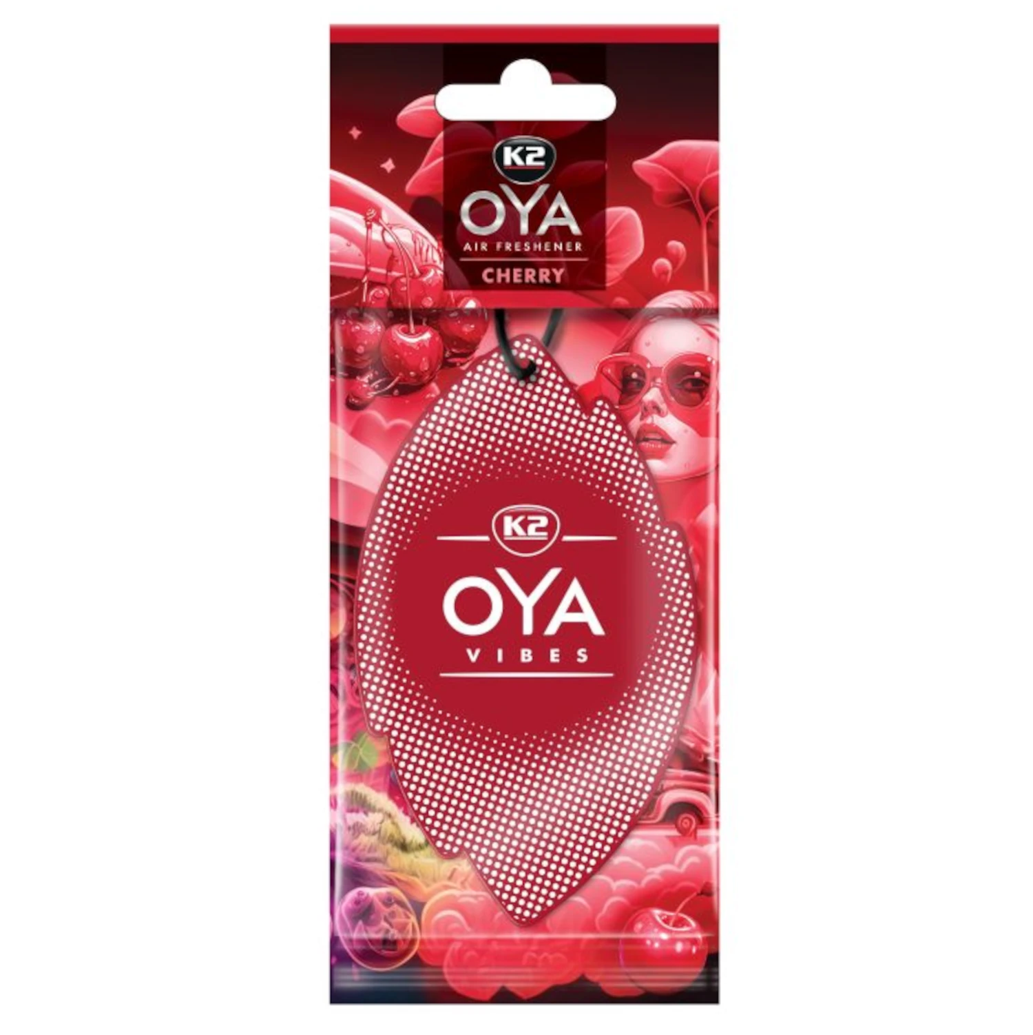 Hanging K2 Oya Vibes Cherry car air freshener with cherry scent and colourful design for the rear-view mirror
