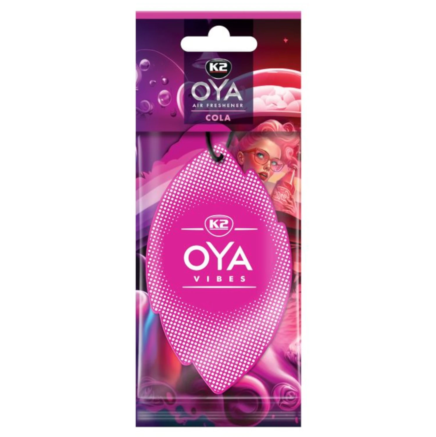 Hanging K2 Car Air Freshener Oya Vibes Cola with colourful design for car interior