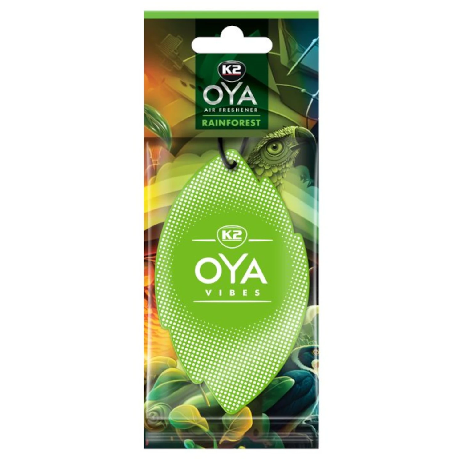 Hanging K2 car air freshener Oya Vibes Rainforest with tropical scent for rear-view mirror