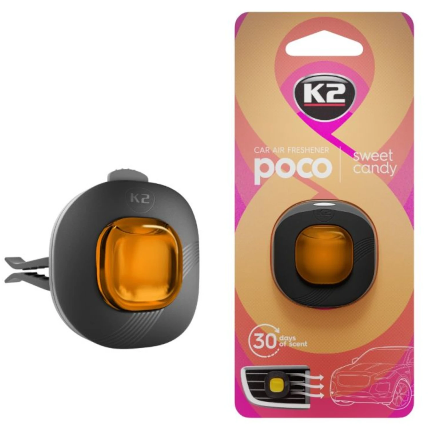 Car air freshener K2 Sweet Candy attached to a car's air vent, minimalist design, 30 days of freshness