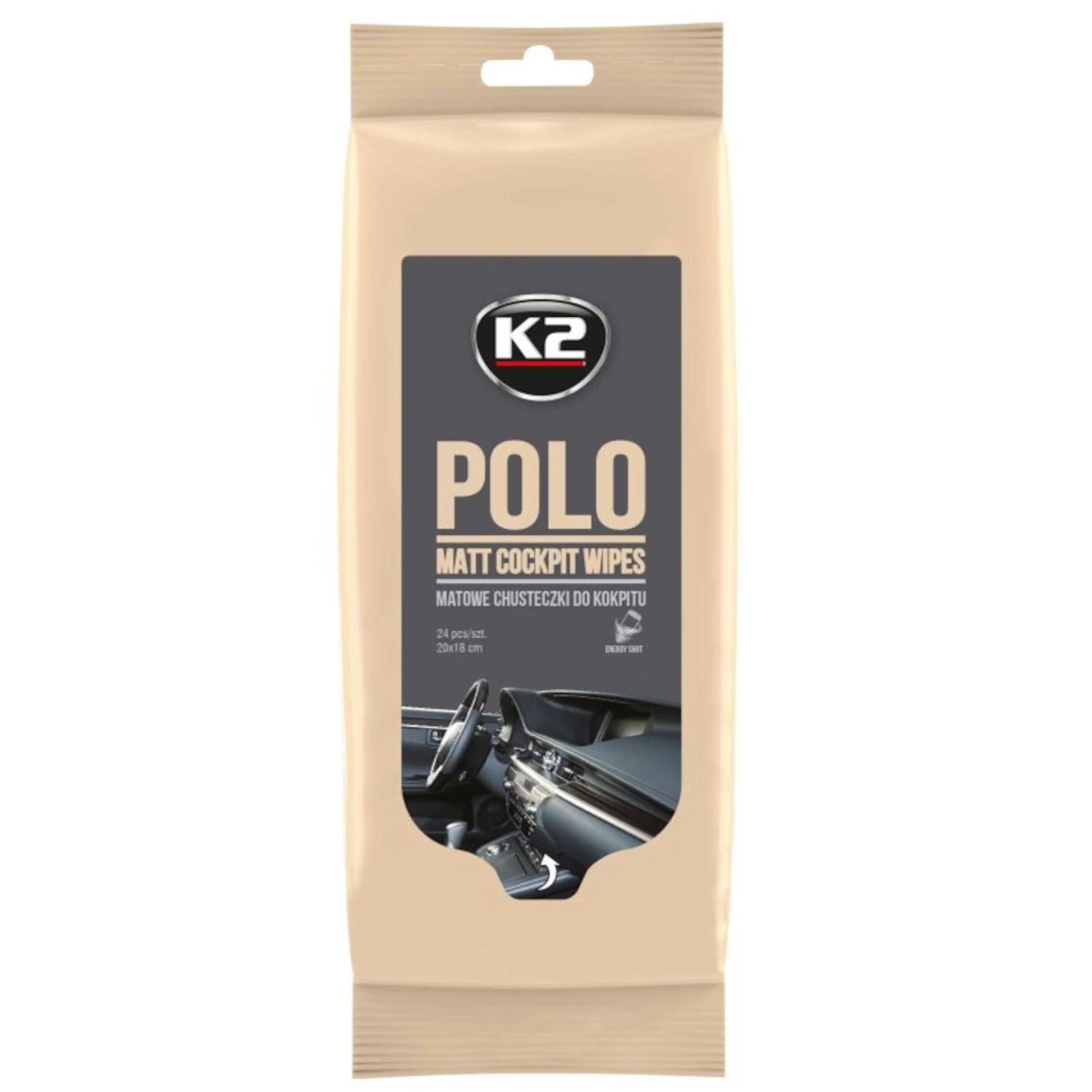 Dashboard cleaning wipes, K2 Polo Mat, 24-pack with matt finish and UV protection for car interiors