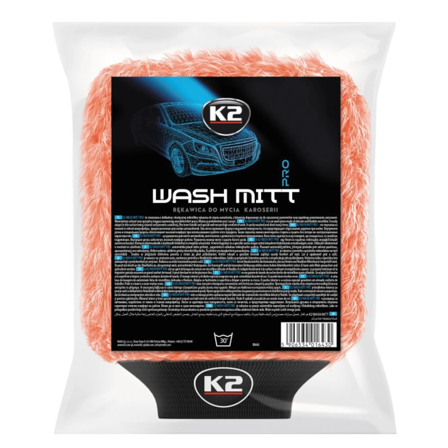 Blå K2 biltvätthandske i mikrofiber med repsäker yta och halkfri passform för billack