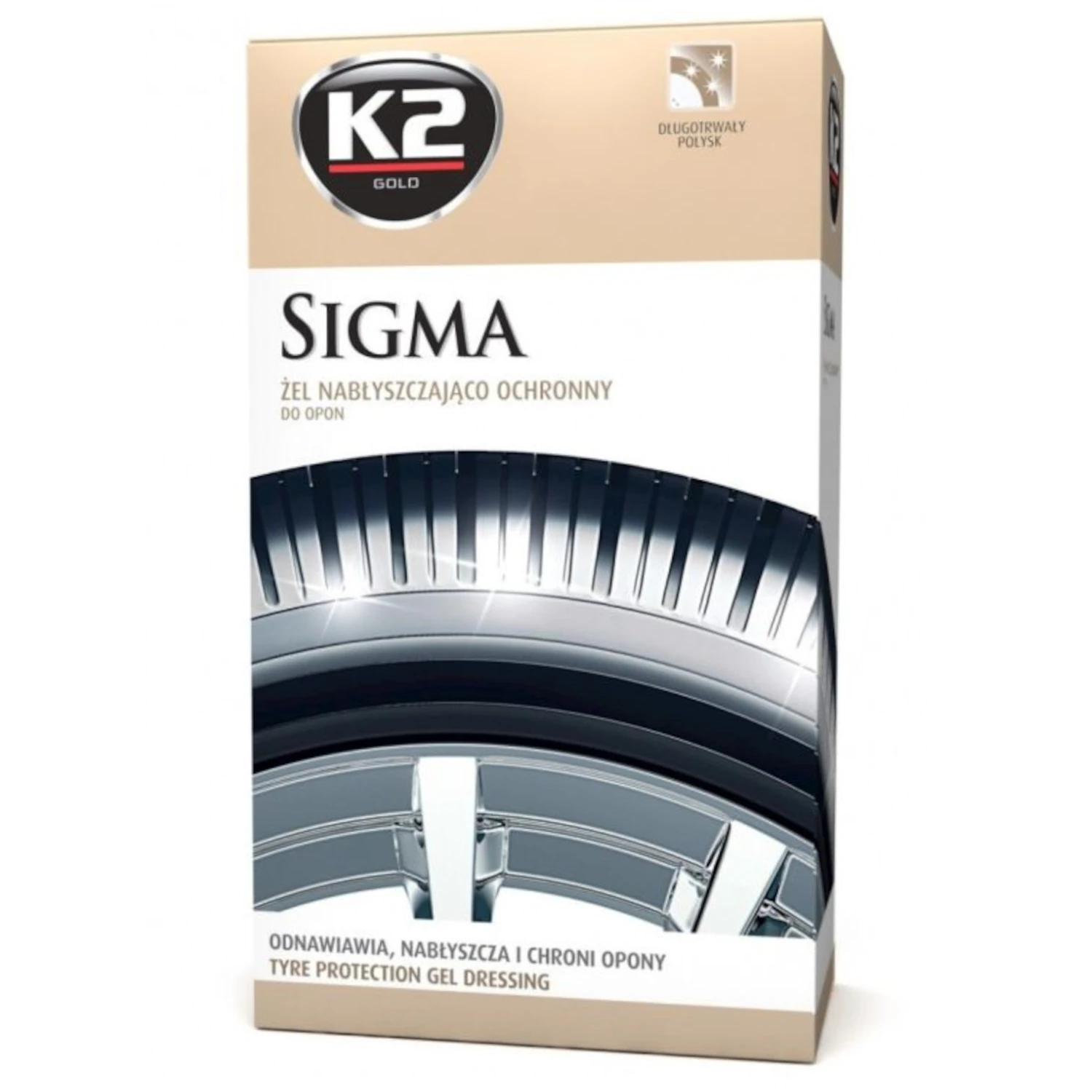 Svart K2 Sigma Däckglans 500ml flaska med högblank vattentät effekt för däck