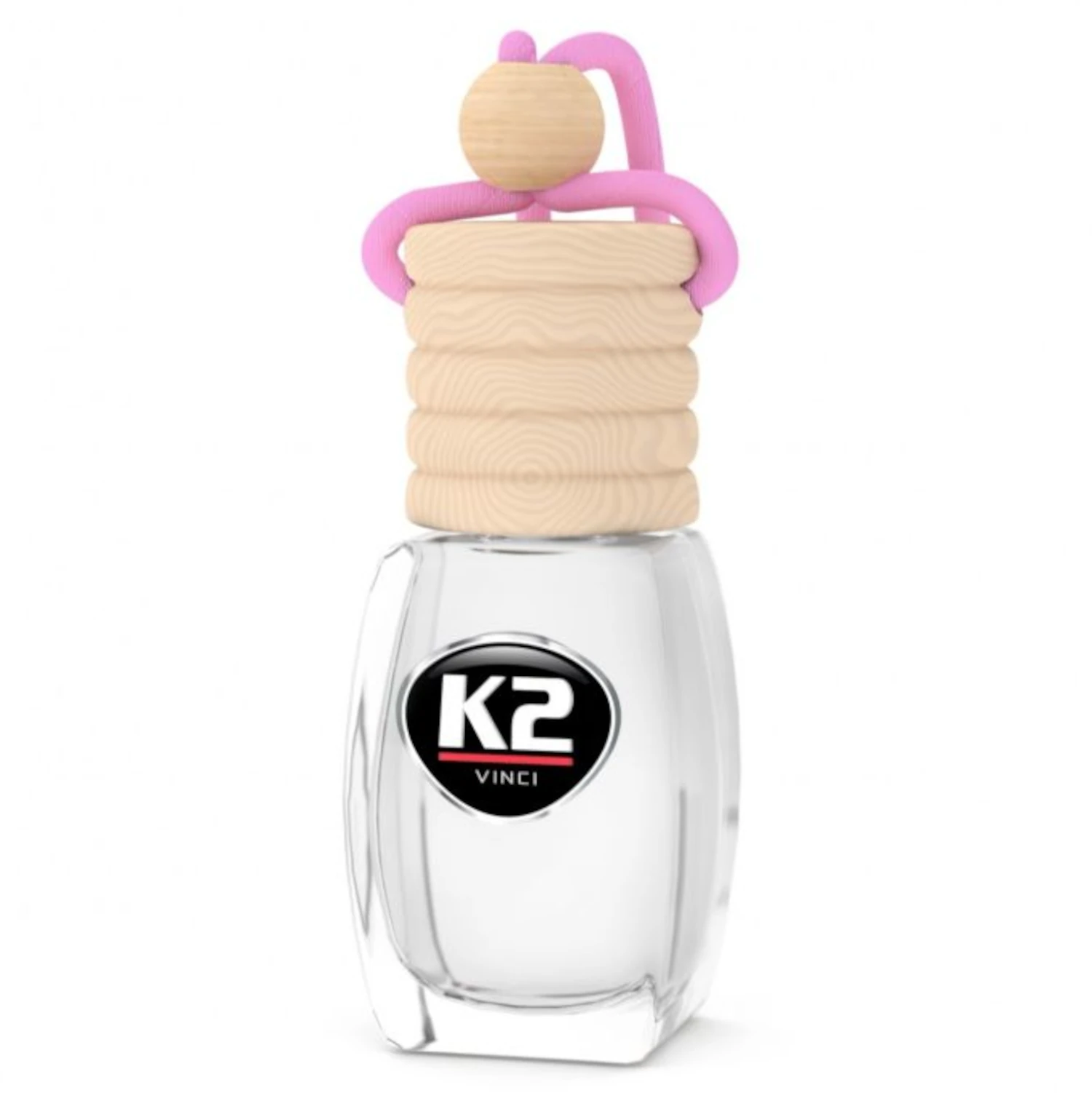K2 Vento car perfume 8ml glass bottle with exotic wood cap and adjustable strap for rear-view mirror