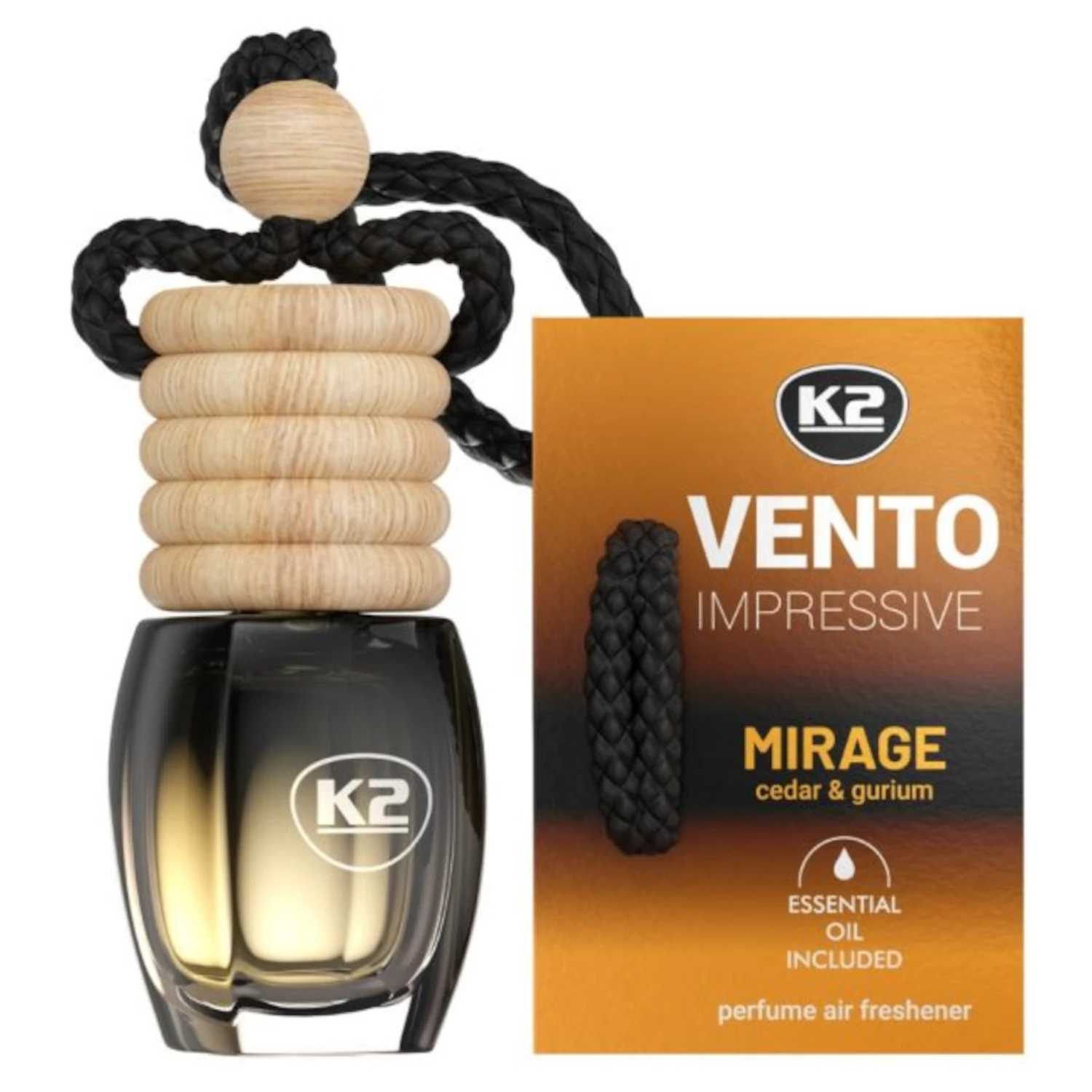 Car Perfume Vento Impressive 8ml with cedarwood and gurjum scent in gradient bottle with wood cork