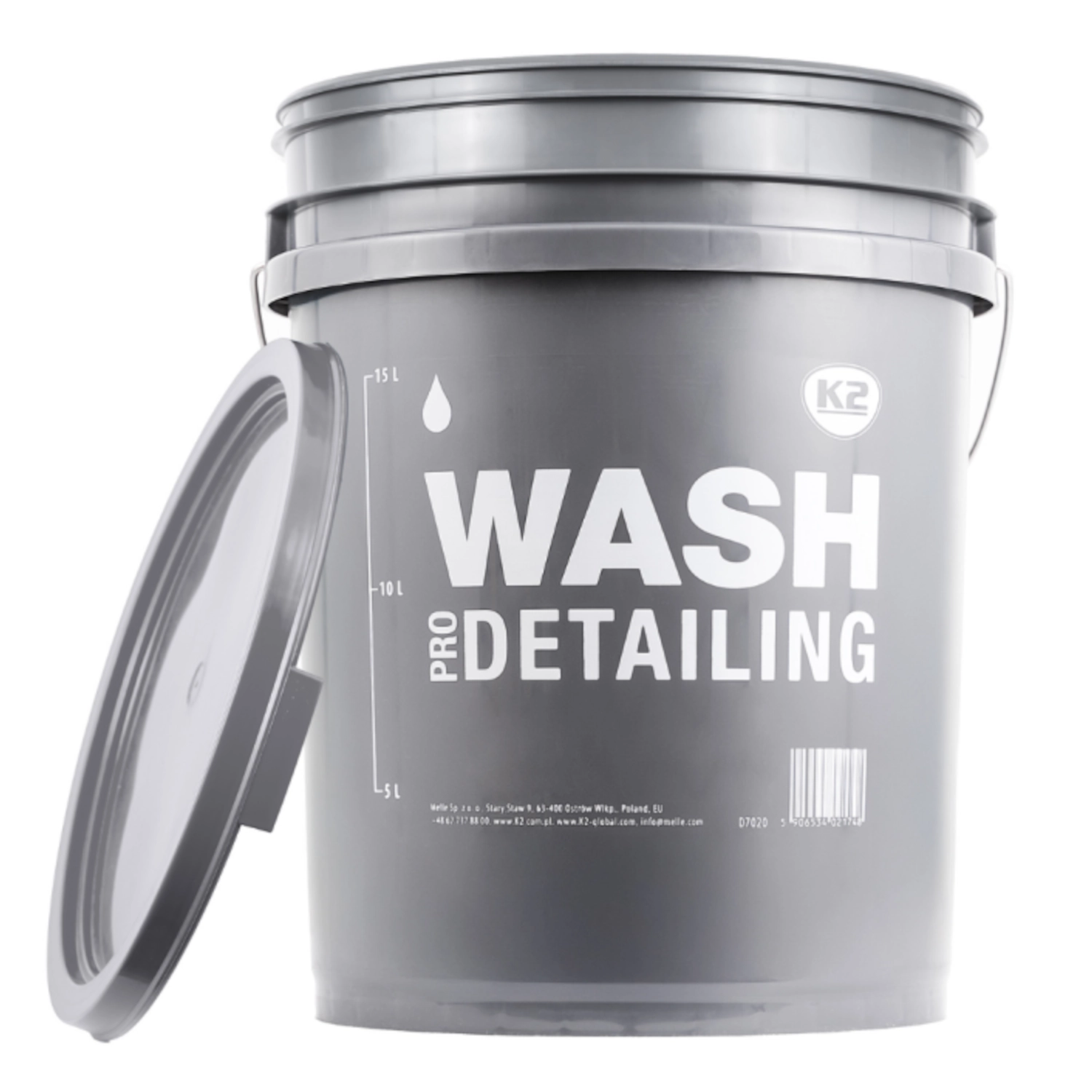 Grey K2 Wash Bucket 20 litre HDPE plastic with measurement markings and metal handle