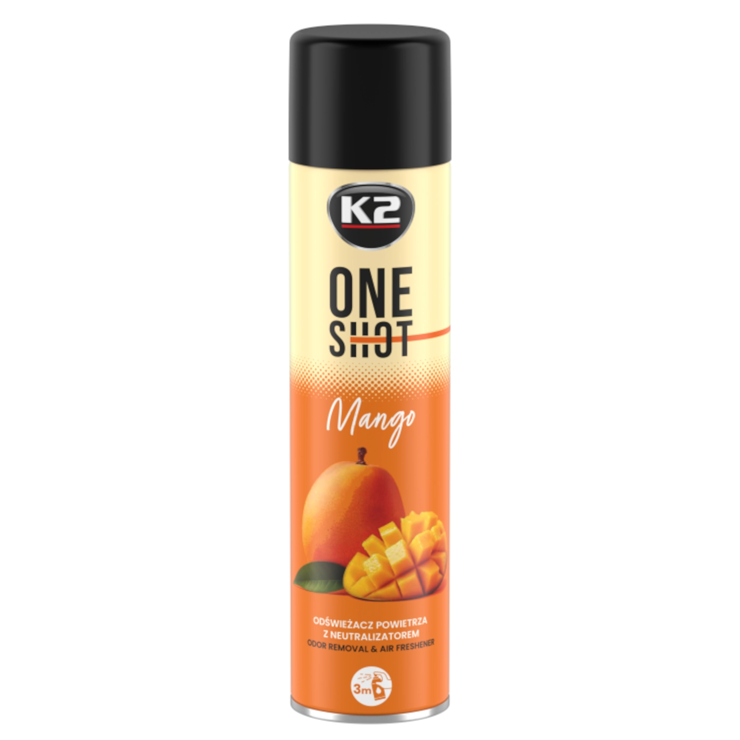 Air freshener K2 One Shot Mango 600ml spray can with dry mist formula and 3-metre range