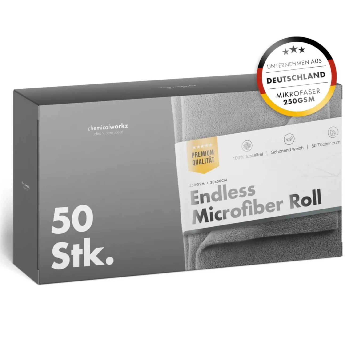 Grå mikrofiberrulle 250gsm 30x30cm 50-pack, avrivbar och återanvändbar från ChemicalWorkz