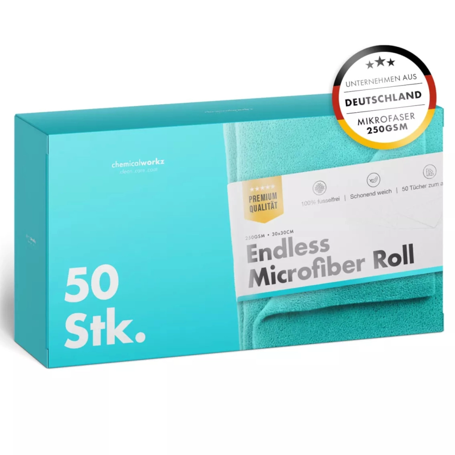 Turquoise microfibre towel roll 50-pack 30x30 cm 250 GSM by ChemicalWorkz New for detailing use