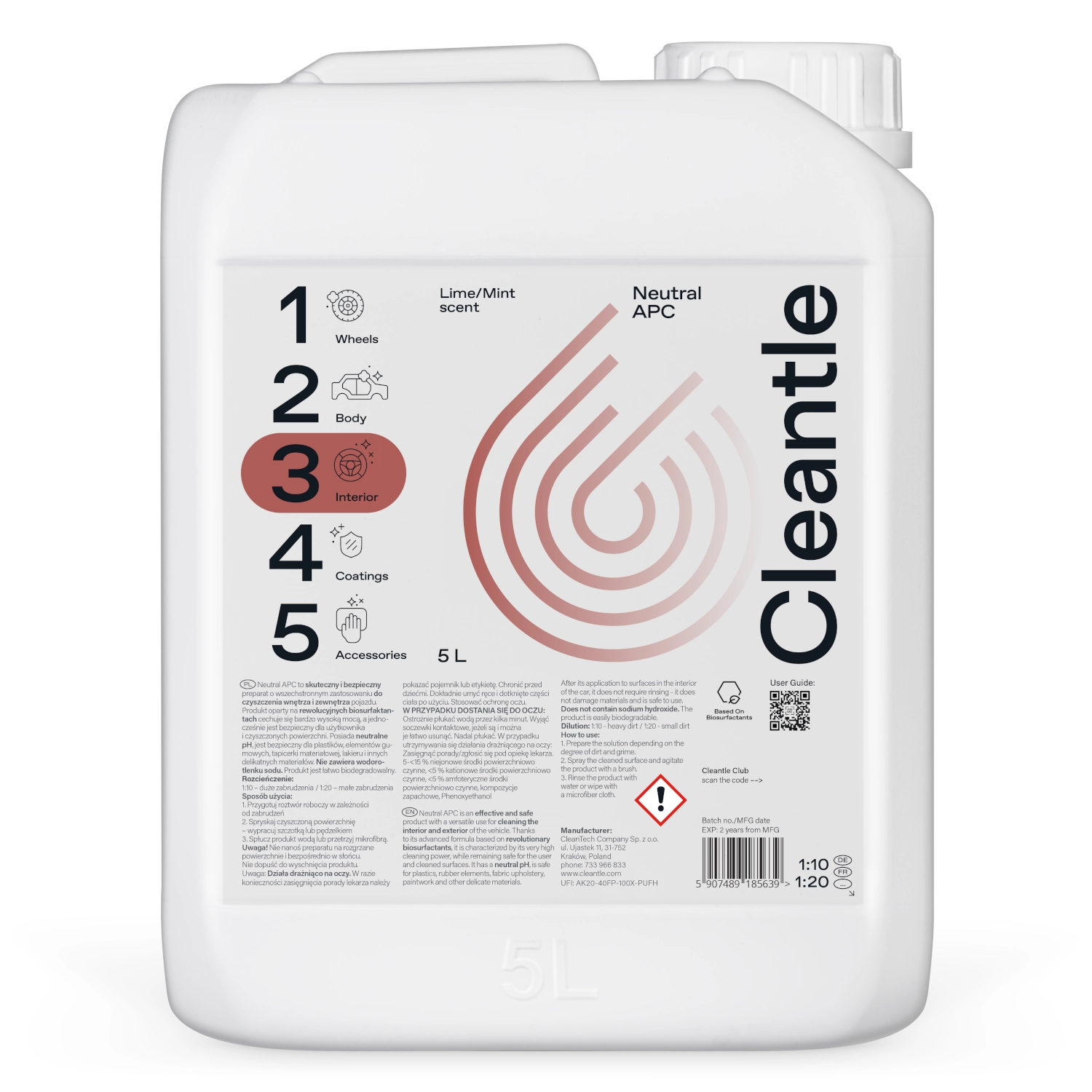 All-Purpose Cleaner (APC) 5L jug with neutral pH and biosurfactants from Cleantle