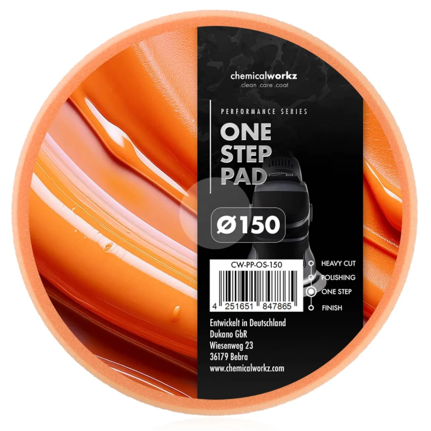 Orange poleringspad 150mm medium hårdhet för one step-korrigering och finish, ChemicalWorkz New