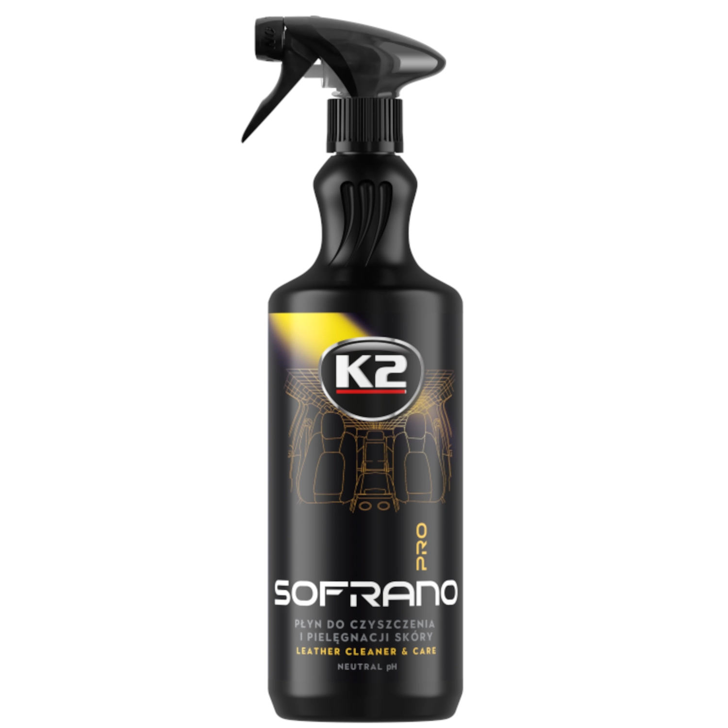Leather Cleaner 1L bottle with neutral pH for natural leather, K2 product for cars and furniture