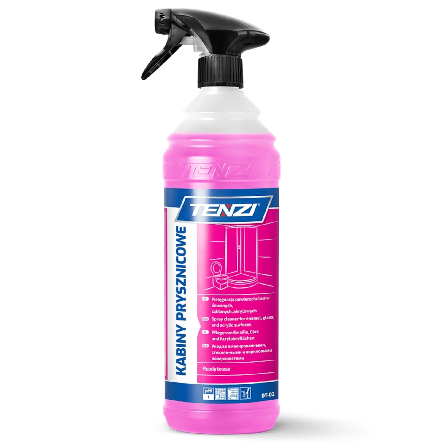 Bottle of TENZI Shower Cabin Cleaner 1 litre for removing limescale, rust and soap scum in bathrooms