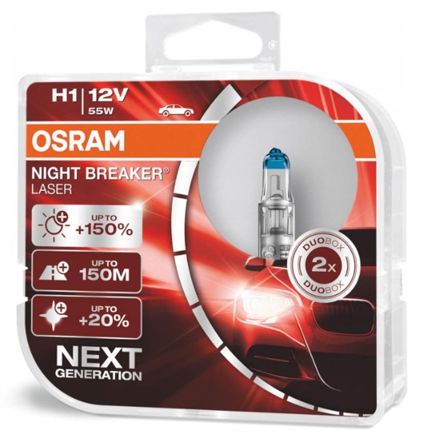 H1 2-pack Osram Night Breaker Laser +150% +150m +20% Brighter Light 12V, 55W